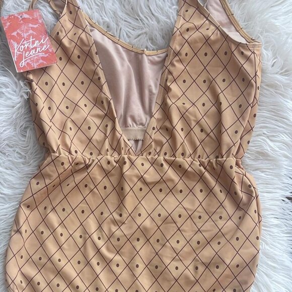 NWT Kortni Jeane Brown One Piece Swimsuit Windowpane Grid Women's L - Picture 3 of 7